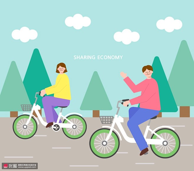 男士女士共享单车绿色出行天蓝树青旅行插画旅游出行休闲旅游