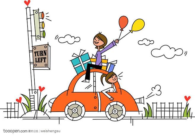 韩国矢量时尚简笔插画坐在小汽车上的男孩和开车的女孩