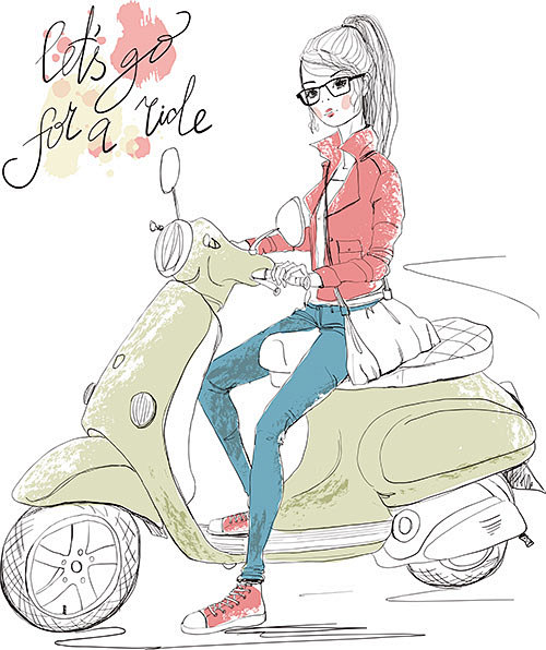 骑摩托的卡通女孩图片