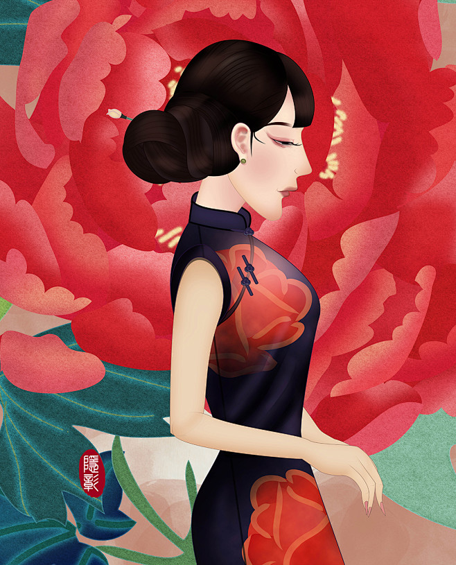 旗袍风情怀旧插画手绘优雅女性唯美老上海旧上海风情装饰画无框画旗袍