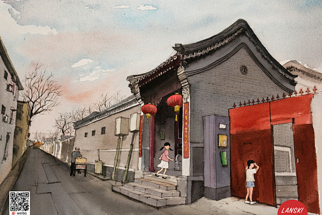 胡同里的童年lanski插画水彩手绘胡同涂鸦王国插画
