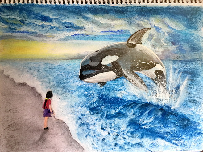 色粉笔水彩画海豚