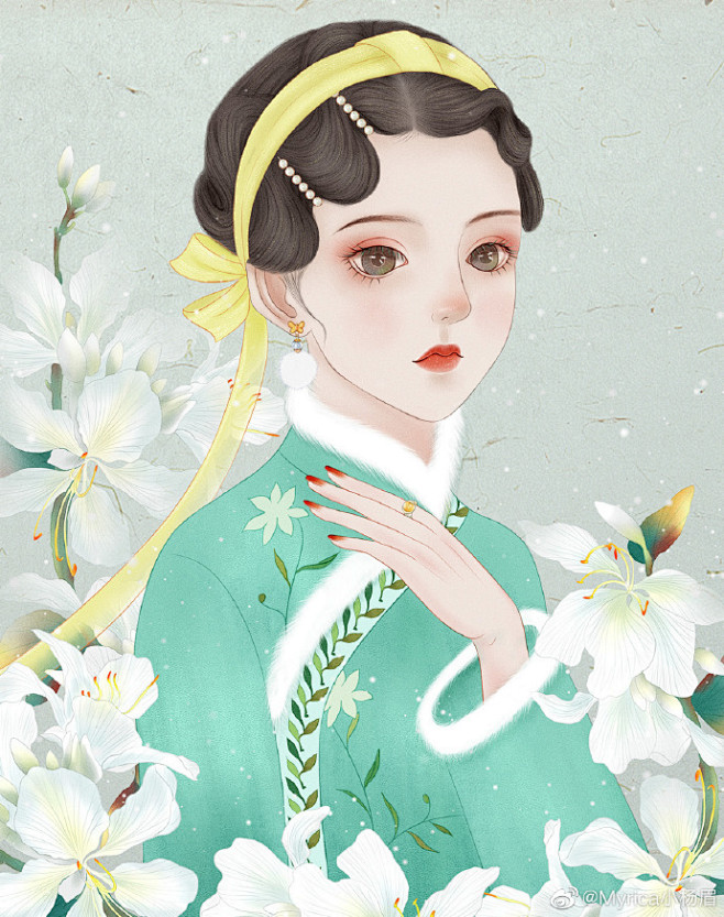 二十四节气暖冬花卉古风少女旗袍插画下篇每种花卉都有它存在的意义