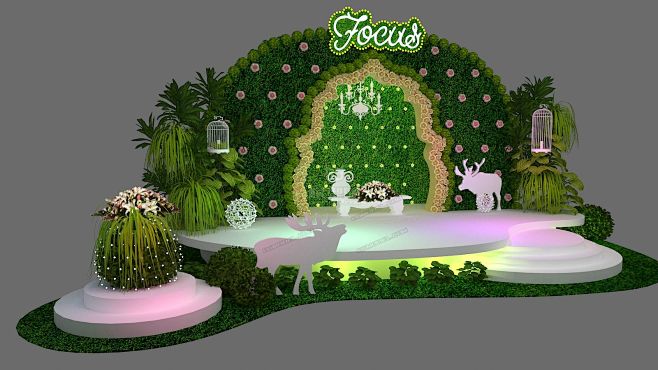 绿色清新植物舞台设计植物墙花墙美术陈列婚礼舞台舞美自然简影欧式