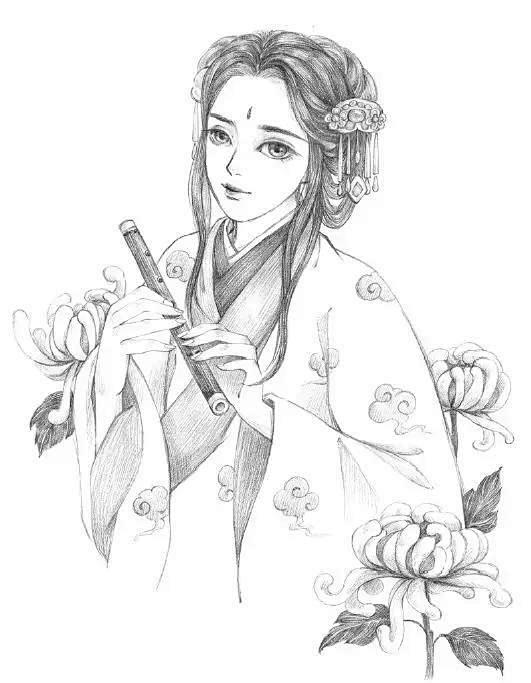 画素描 卡通古风古风人物素描沟边素描布花纹古风美女手绘图素描素描