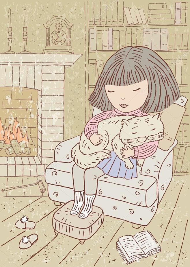 矢量图像的一个小女孩和她一起睡在壁炉的猫