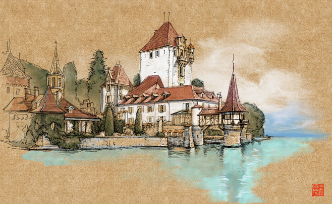 风景建筑淡彩钢笔