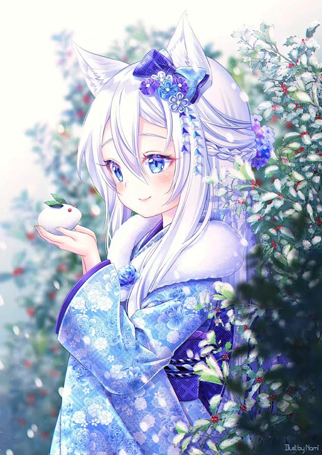 二次元动漫美少女萌妹子萝莉白发猫耳和服