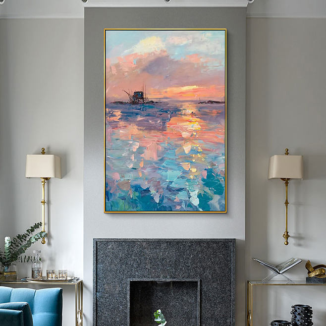 油画挂画客厅大海抽象风景画手绘北欧日出刀...