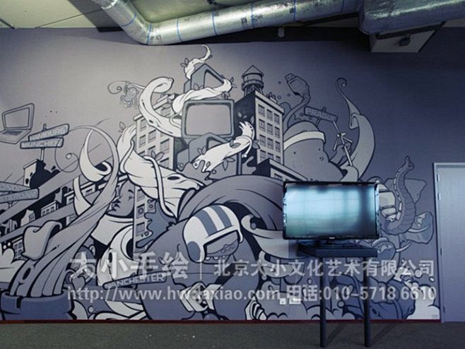 黑白墙绘卡通手绘墙城市彩绘创意壁画餐厅手绘墙办公室手绘墙北京墙绘