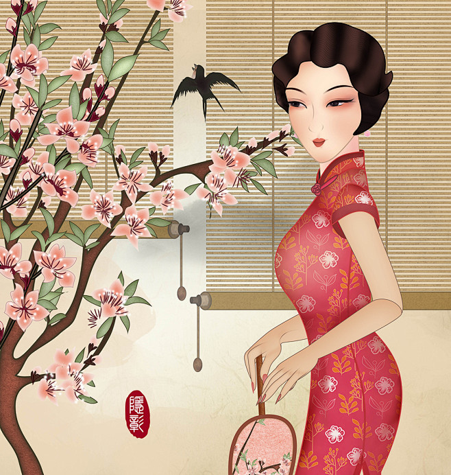 旗袍风情 怀旧 插画 手绘 优雅女性 唯.