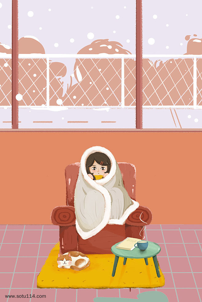 21:20:53冬日温暖室内怕冷少女插画海报插画/手绘/鼠绘/二次元/漫画黑