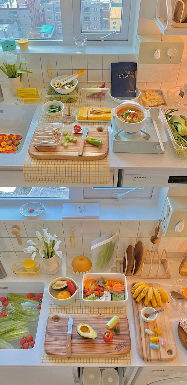 治愈系理想小厨房食材和餐具的配色看起来温暖又美好今天也要好好吃饭
