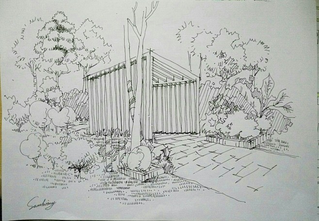 园林观景课时作业的手绘线稿图
