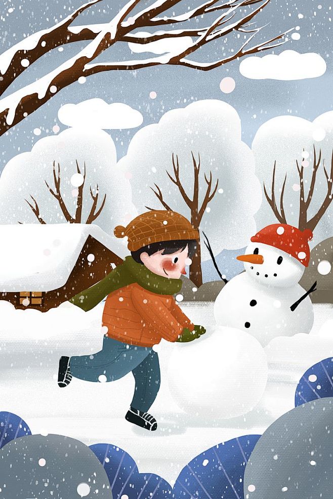 冬天下雪男孩堆雪人滚雪球