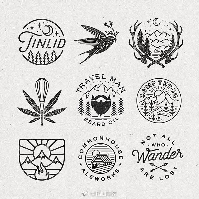 线描黑白画微观世界创意logo超现实图案图标极简主义徽章来自英国伦敦