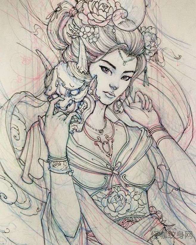 新传统手稿艺伎纹身图案