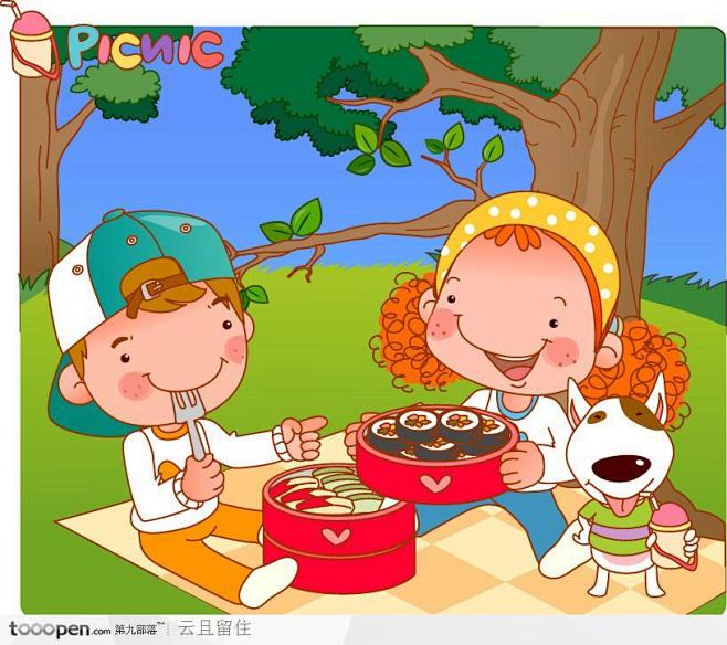 在郊外草地上野炊的情侣卡通卷发女孩和戴帽子的男孩卡通牛头梗