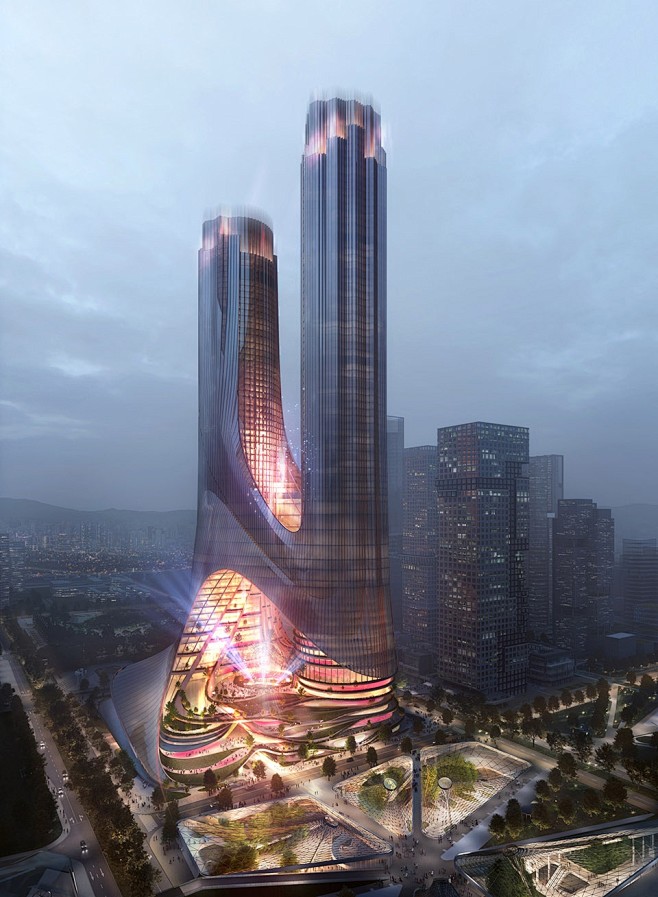 深圳湾超级总部基地c塔竞赛优胜方案zahahadidarchitects双塔楼构建多