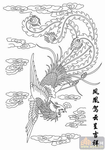 凤白描图凤凰驾云呈吉祥huangf009白描凤图案