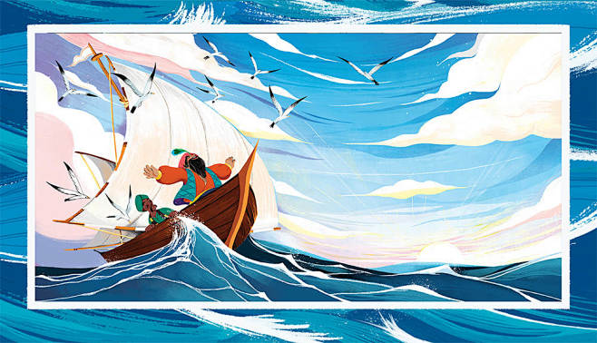 水手辛巴达天方夜谭故事场景插画