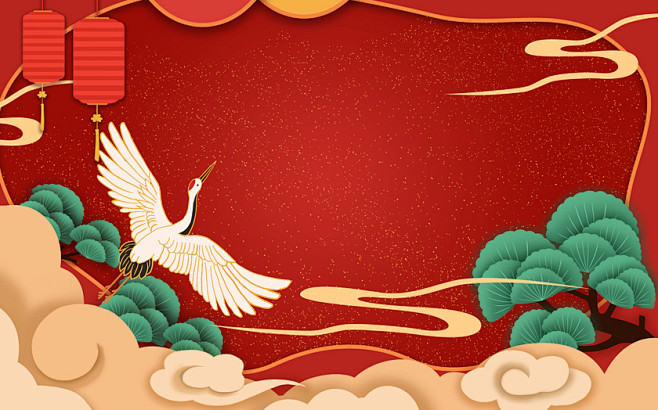红色中国风古风国朝插画背景红色植物仙鹤插画背景古风风景国潮手绘