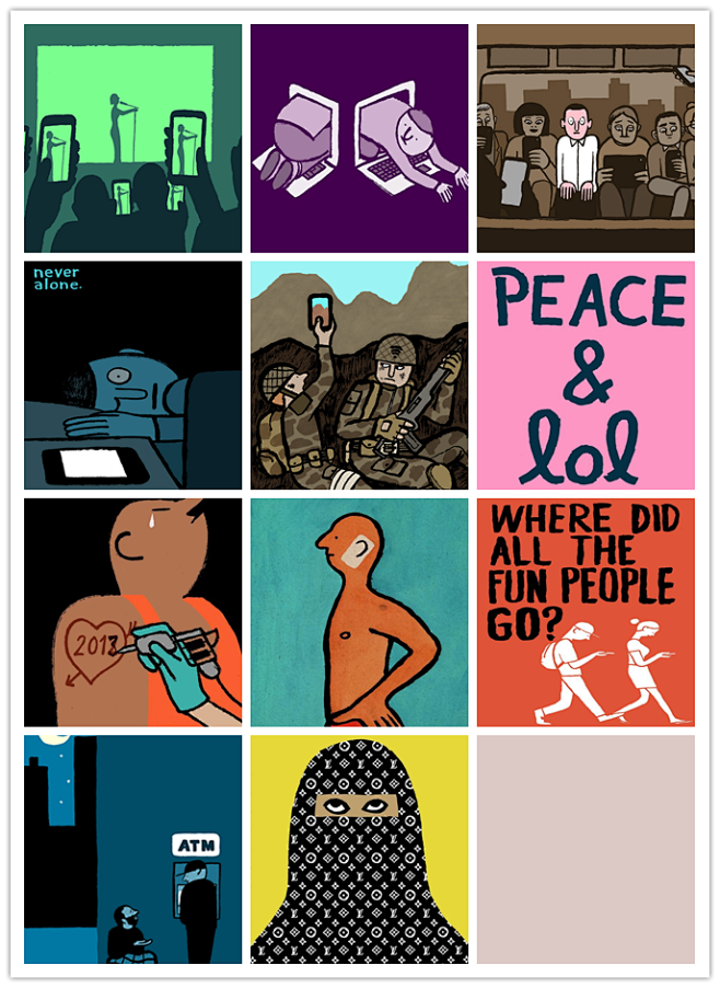 法国插画家jeanjullien的作品多数为讽刺当下人们沉浸于电子产品社交