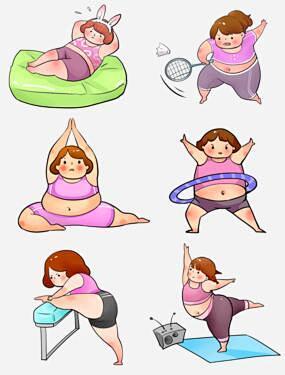 一套减肥运动的卡通胖女孩可爱清新简约元素