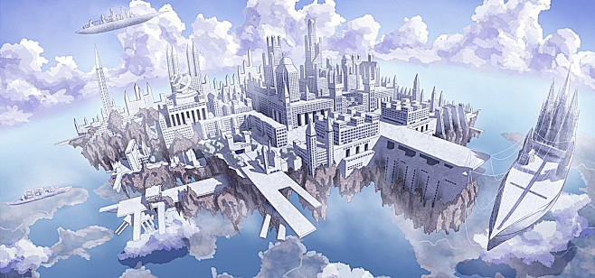 天空之城卡通背景城市建筑梦幻场景海报banner卡通童趣手绘图库png