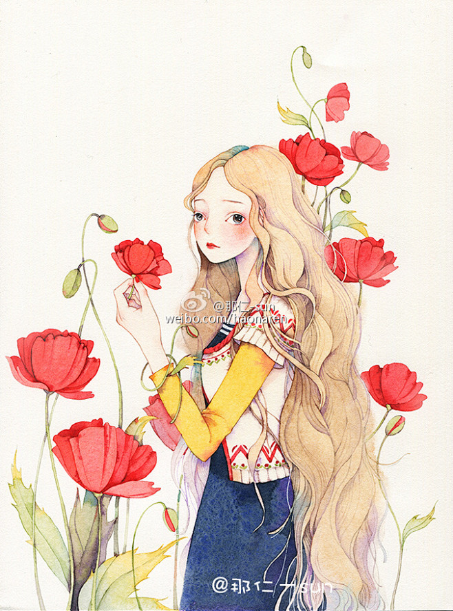 水彩画手绘插画女孩作者微博by那仁sun小清新少女心