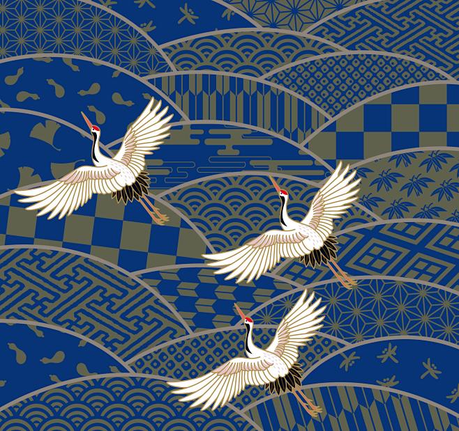 日本日系日式传统花样图案和风仙鹤松树鲤鱼波浪纹印花背景填充图案