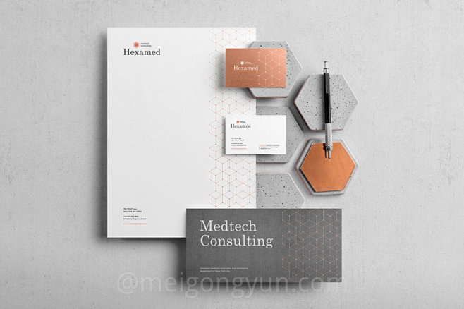 Download 六边形几何玫瑰金&花岗岩元素品牌VI提案贴图样机模板 Hexamed - Branding Mockup