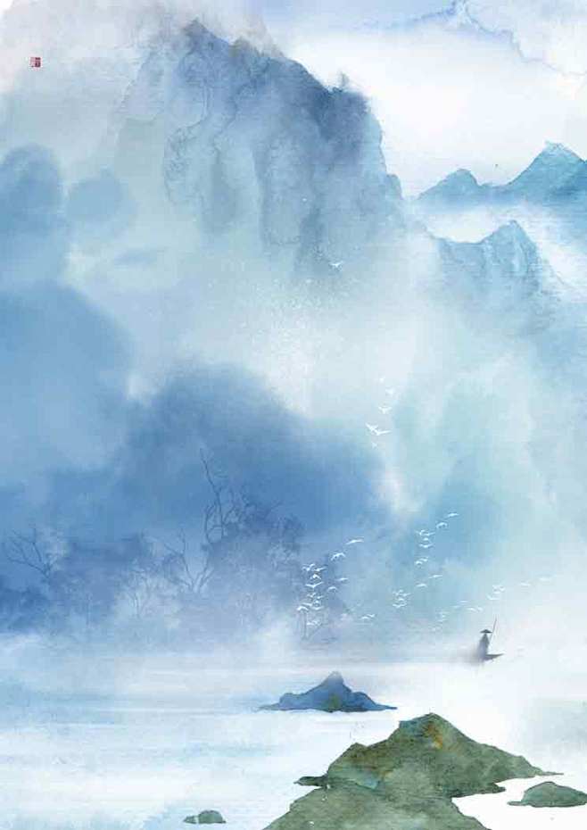 水墨山古风水彩风景背景写意唯美意境