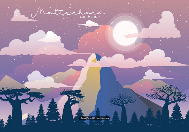 唯美風景森林海灘湖泊夕陽戶外自然剪影 matterhorn landscape vector