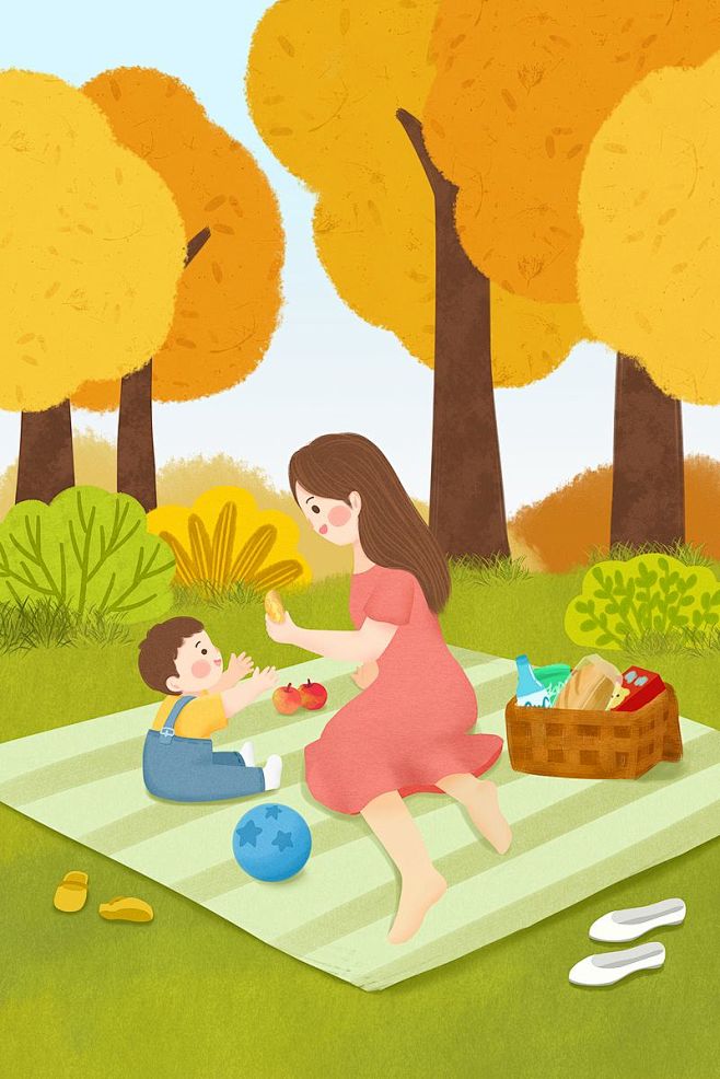 秋季亲子户外郊游野餐手绘插画