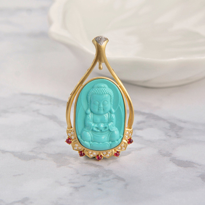 18k天然绿松石宝宝佛吊坠