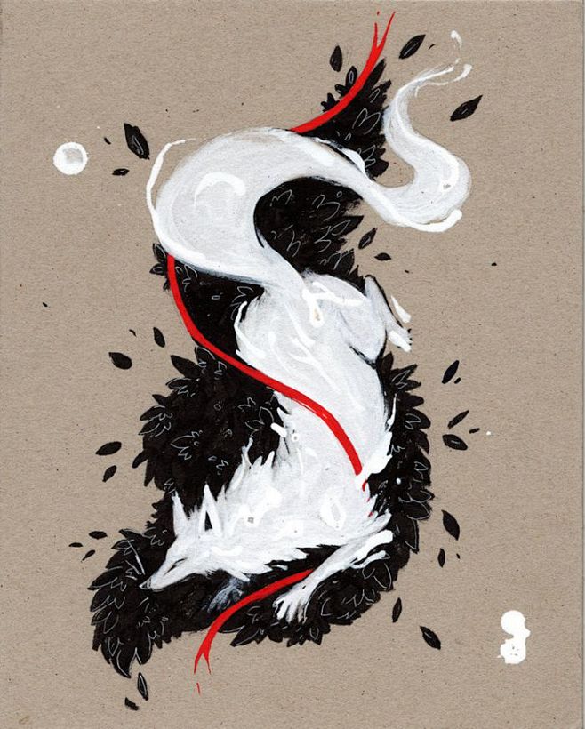 Rubisfirenos 传说中的白狐中国风手绘插画欣赏龙水彩水墨手绘中国风
