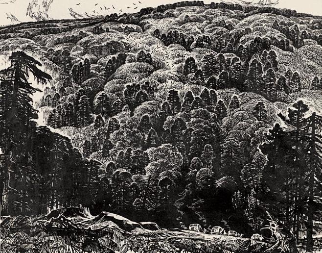 徐冰(1955-)1978年作《山林晨歌》,木刻版画,38×48 cm,签名:山林晨歌