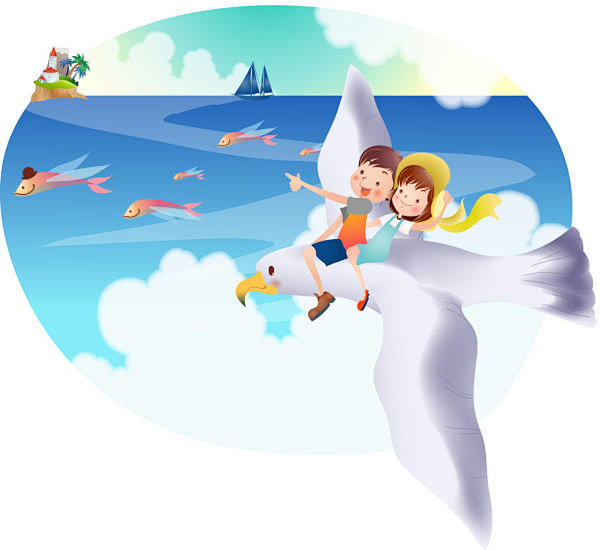 卡通人物白鸽飞翔矢量图