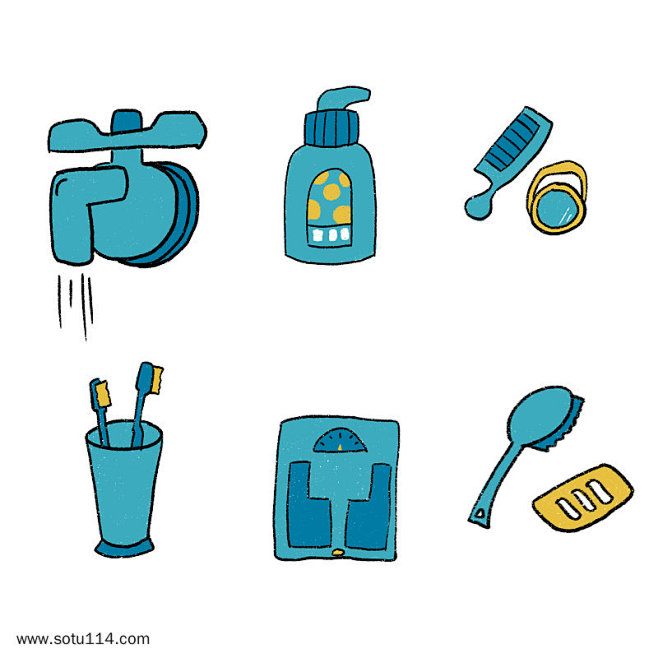 手绘绿色小清新洗漱用品插画图标免扣元素