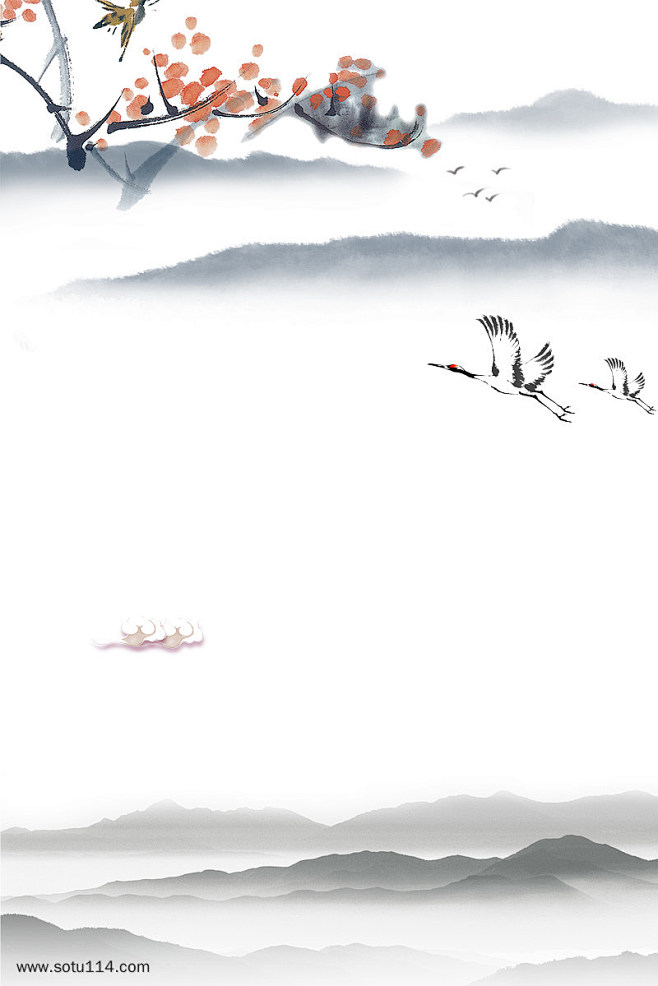 古风女装远山飞鸟传统水墨画风格海报背景