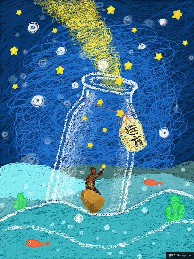 夜空海洋漂流瓶瓶中小人飞入星星彩色线条童话梦境插画模板模板平面