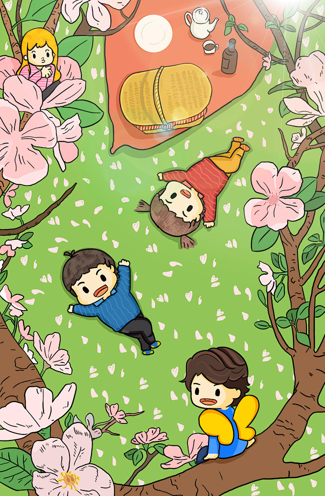 唯美樱花季春天郊游野餐手绘插画