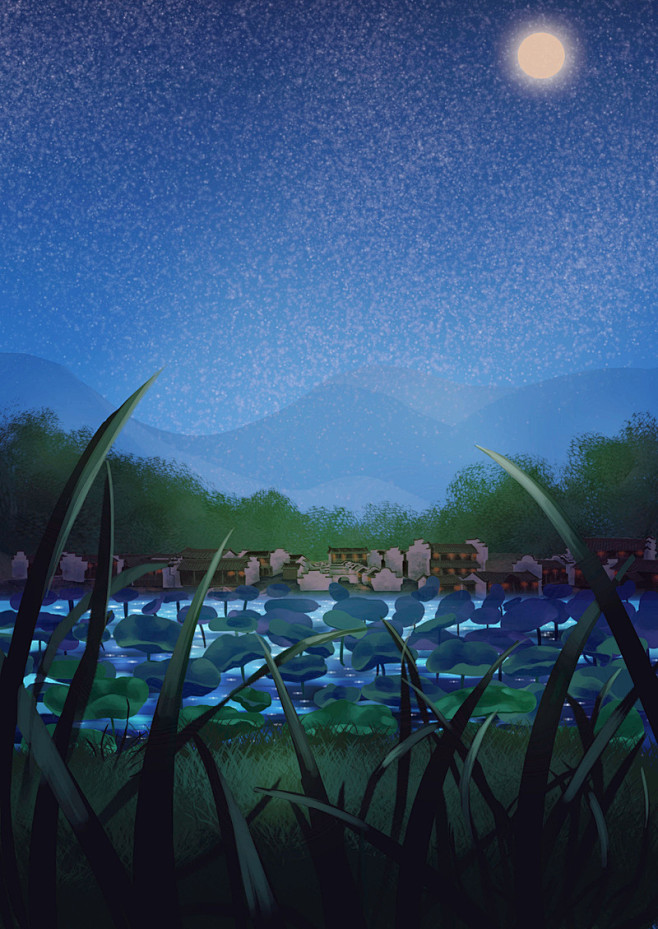 池塘夜景主题画图片