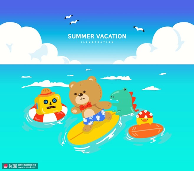 戏水游玩卡通动物夏日度假夏季插画图片下载优图网