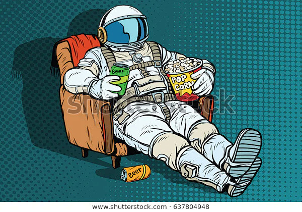 宇航员与啤酒和爆米花坐在椅子上的观众孤独的空间流行艺术复古矢量
