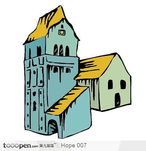 手绘楼房与房屋插画