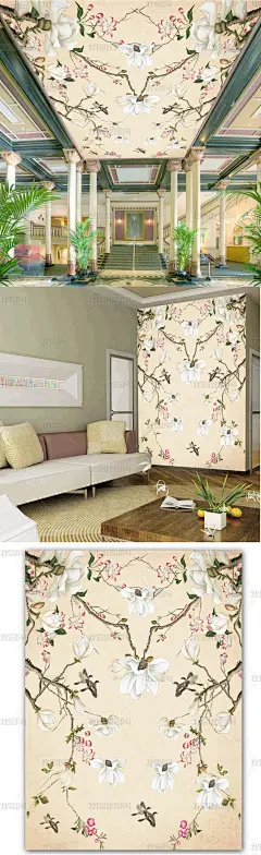 简洁手绘花朵吊顶画素材