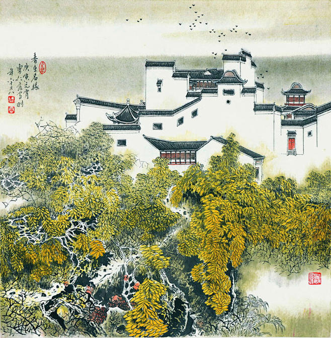 曹仁容水墨山水画江南园林