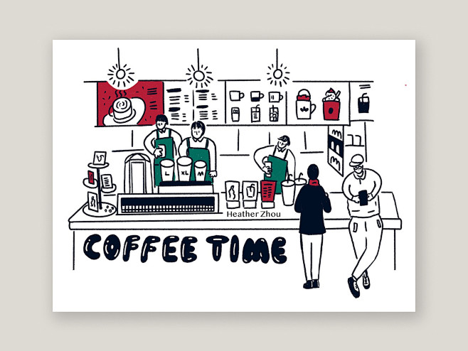 ipadprocreate线条风简笔画咖啡馆时光